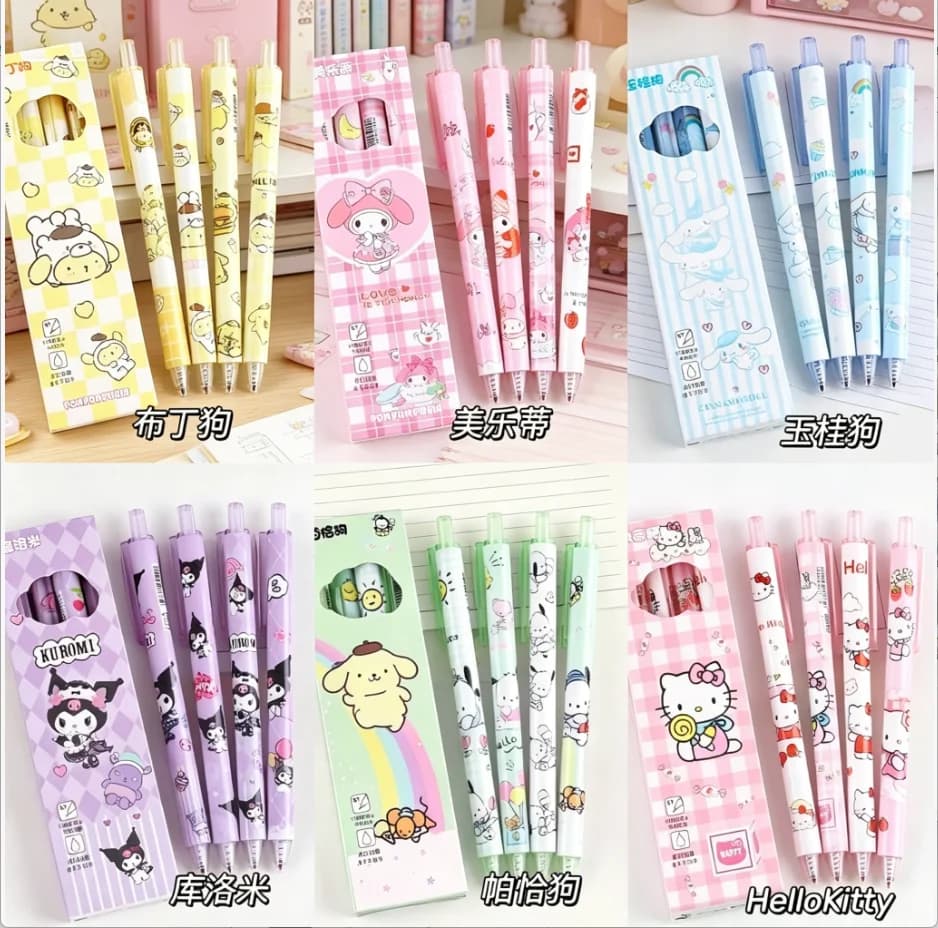 Set di 6 Penne Retrattili Hello Kitty, Kuromi, My Melody, Stile Carino, Asciugatura Rapida, Inchiostro Gel Nero, per Studenti
