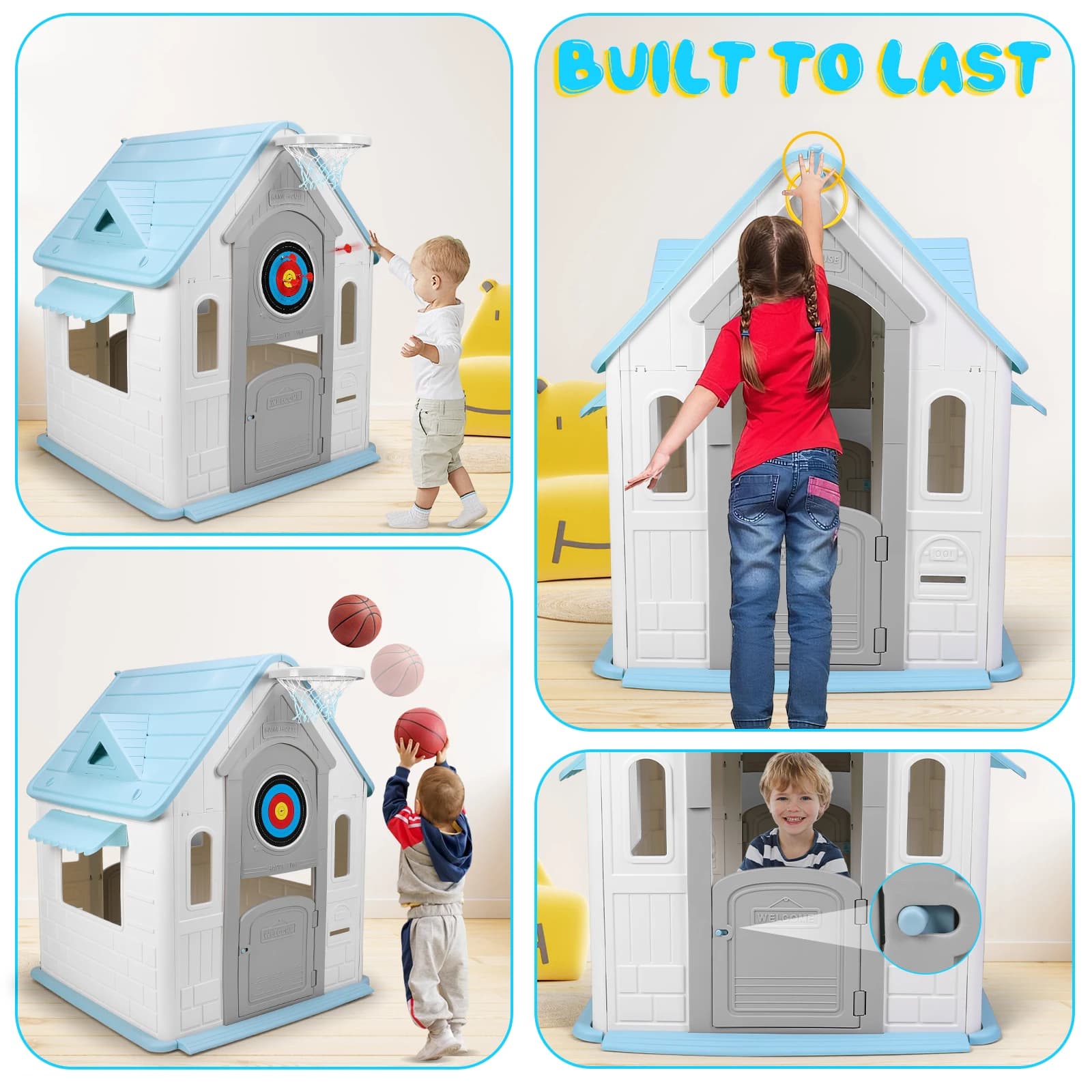 Set da gioco per interni/esterni con canestro da basket, bersaglio e casetta in plastica per bambini da 2 a 5 anni