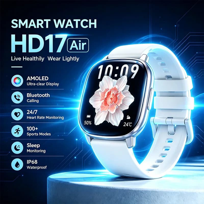 Smart Watch HD17Air Ultra-thin Body Bluetooth Call Health Monitoring 100+ Sports Modes 1.73-inch AMOLED Color Screen Smart Watch