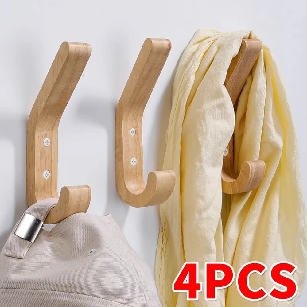 Wooden Coat Hooks Wall Mounted Heavy Duty Double Hook Bag Clothes Hanger With Screws Bedroom Door Decor Organizer Coat Rack