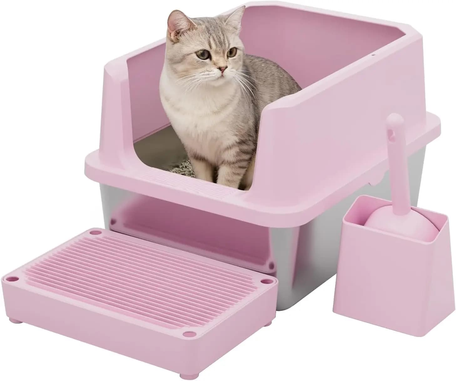 Lettiera per Gatti: Cassetta Rosa in Acciaio Inossidabile con Controllo Odori - Facile da Pulire, Non Porosa - Lati Alti 29,5 cm Anti-Schizzo - Aperta