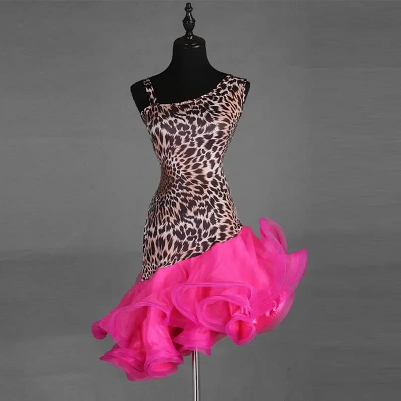 Abito da ballo latino da donna Patchwork leopardato Rosa rossa senza maniche Panno da ballo Samba Tango Chacha Danza Performamnce Adulto latino