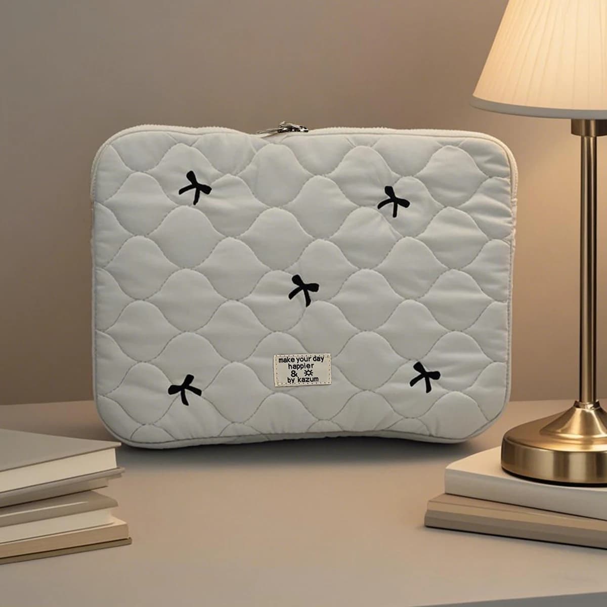 1 borsa portaoggetti per laptop grigio chiaro con borsa per tablet ricamata con fiocco trapuntato ondulato, adatta per custodia per laptop iPad da 13/14 pollici