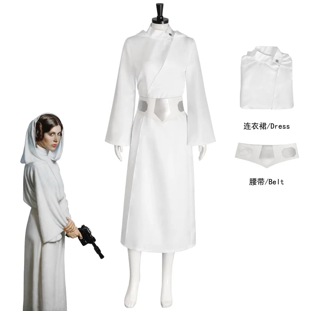 Halloween Party Princess Leia Cosplay Costume Space Battle Star Leia White Dress with Belt for Women Classic Roleplay Outfit