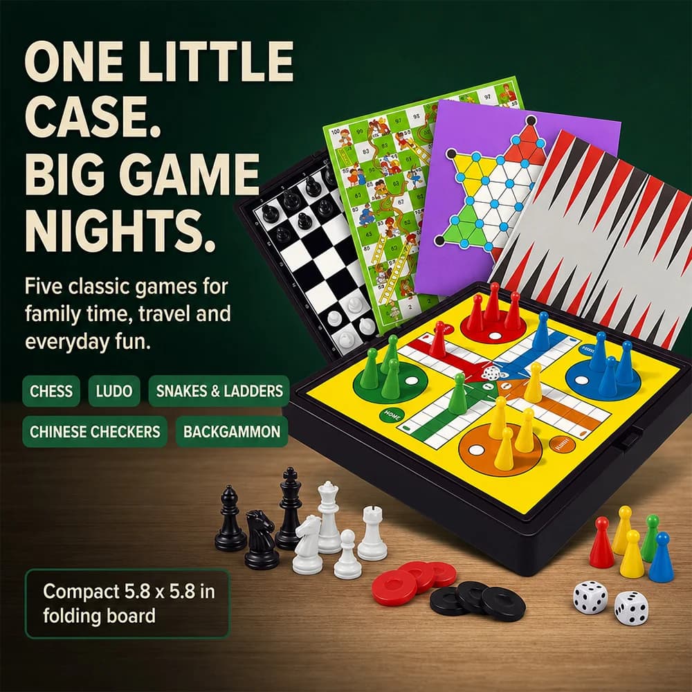 5 in 1 Board Game Set Portable Foldable Multi-game Chess Box with Chess Ludo Snakes & Ladders Chinese Checkers Backgammon High-Quality Multi-player Family Interactive Toy Gift for Kids & Adults