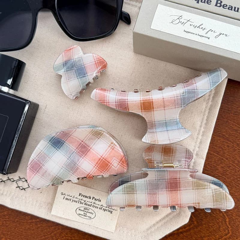 Korean retro color blocked grid pattern clip high-end shark clip ponytail hair clip versatile and girlish style