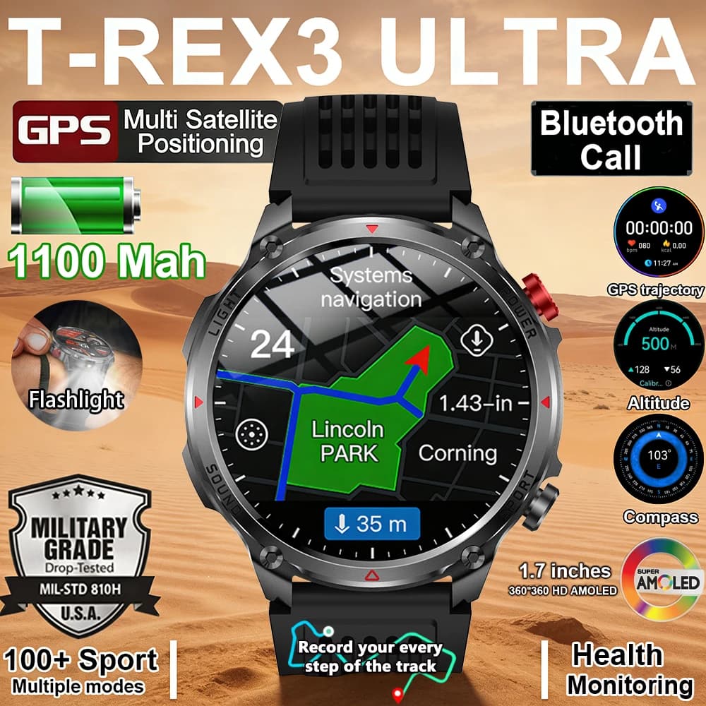 New Smartwatch T-Rex3 Pro 2026 with 1100mAh Battery, GPS, 5ATM Waterproof, Sports Tracker, Open Activity Compass, Military Smart Watch