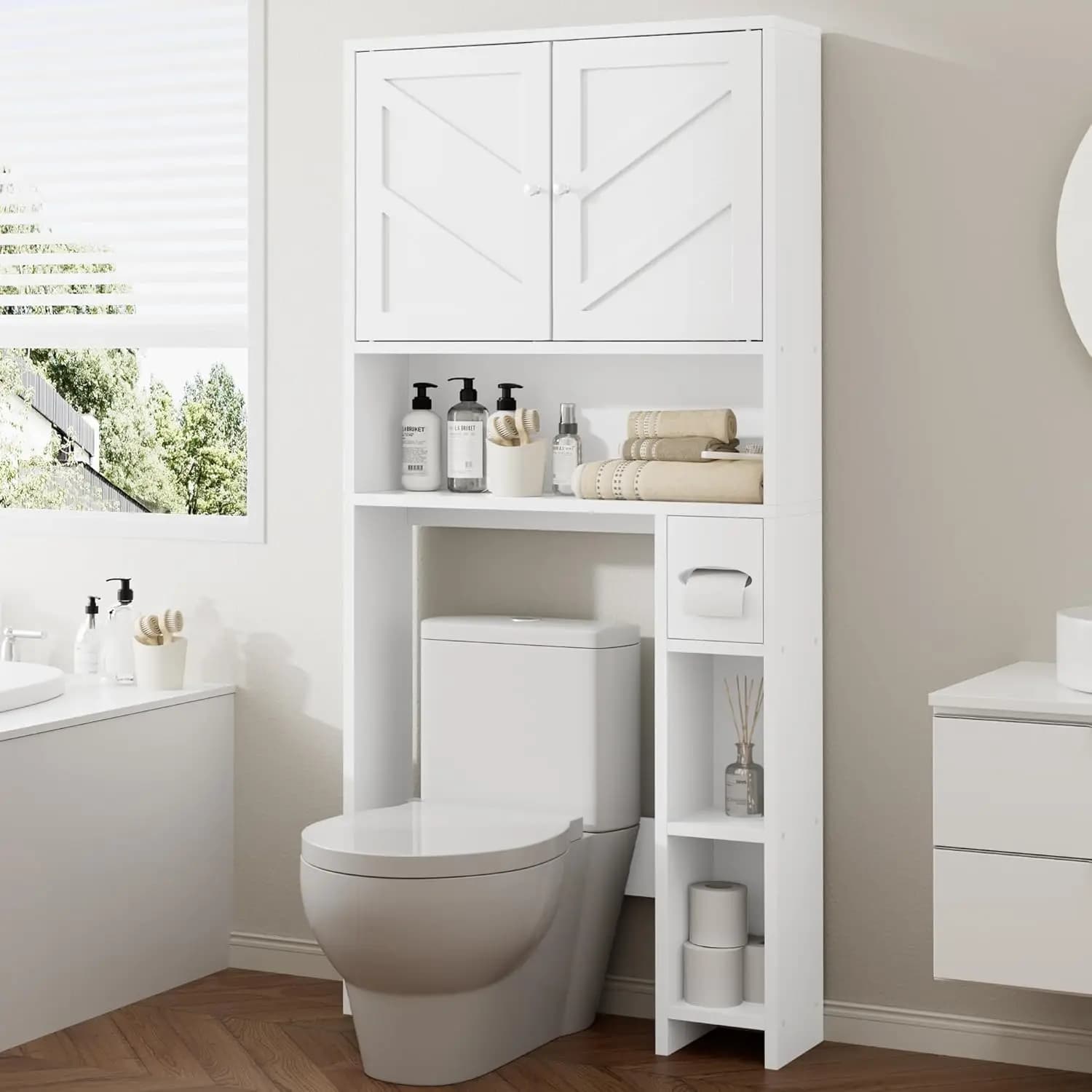 Mobiletto portaoggetti da bagno sopra il WC con porta carta igienica, mobiletto organizer autoportante salvaspazio per il bagno