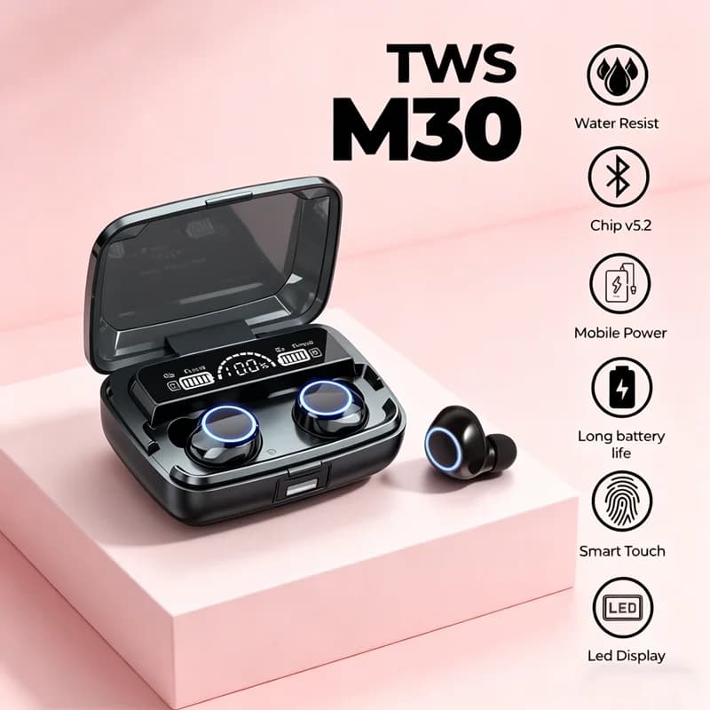 M30 tws Auricolari wireless con riduzione del rumore IPX7 Impermeabili compatibili con Bluetooth 5.1 Auricolari sportivi dinamici in-ear per tutti i telefoni