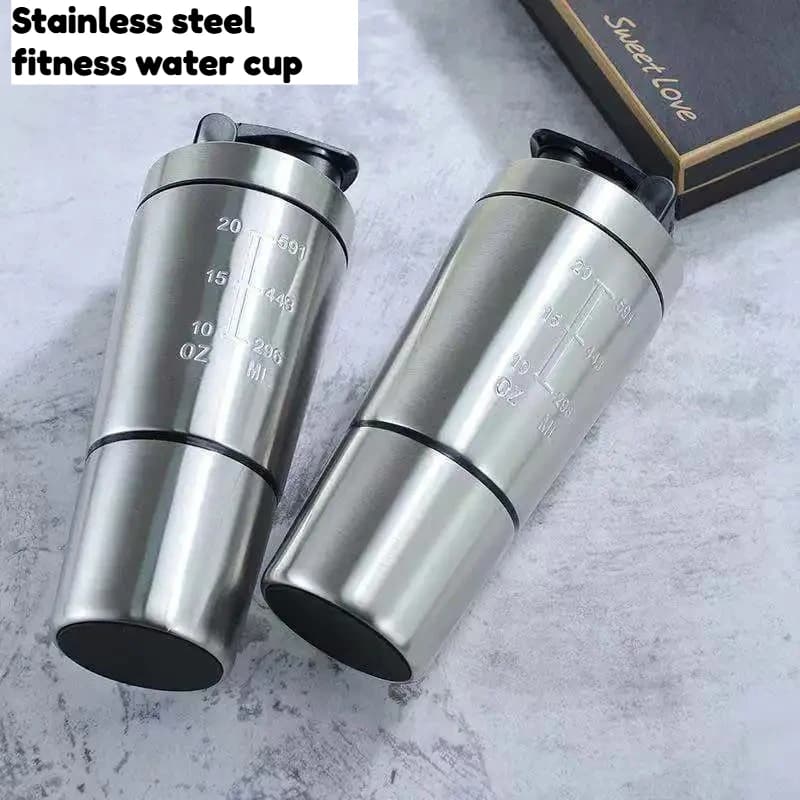 Stainless steel double layer sports bottle with lower compartment for powder protein, shaker bottle for fitness and sports.