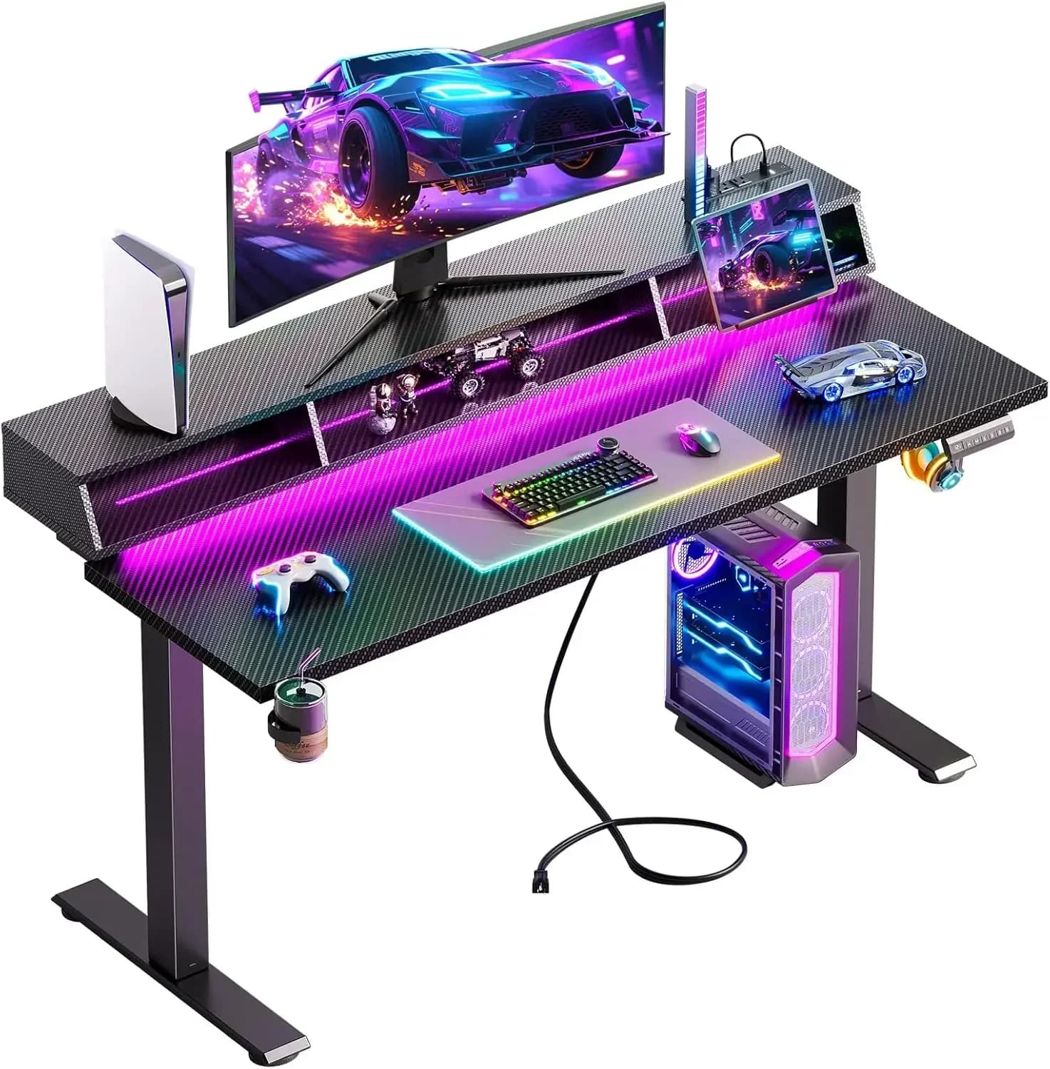 Gaming Standing Desk Led Light 55 Inch Electric Height Adjustable Table Power Outlet Monitor Stand Sit Stand Workstation Home Be