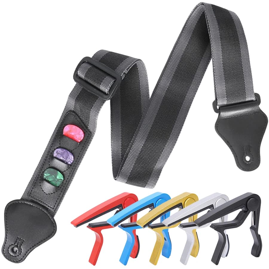 1set 100cm+ Gray Adjustable Guitar Straps & 3pcs SLL Pick Aluminum alloy Capo Guitar Ukulele Bass String Instrument Accessories