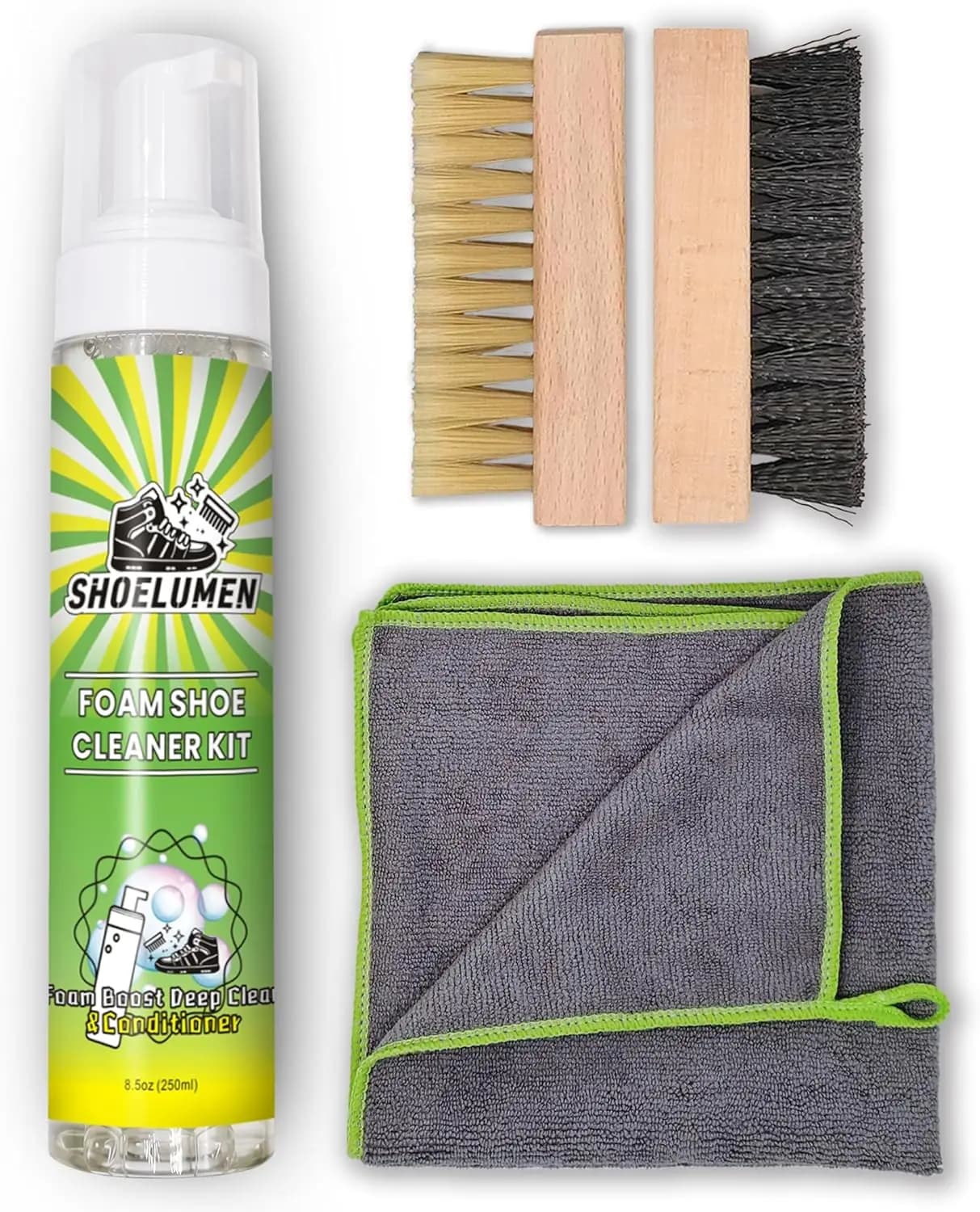 Kit per la Pulizia delle Scarpe, Detergente in Schiuma da 250ml con 2 Spazzole, Rimuove Sporco e Macchie per Sneakers
