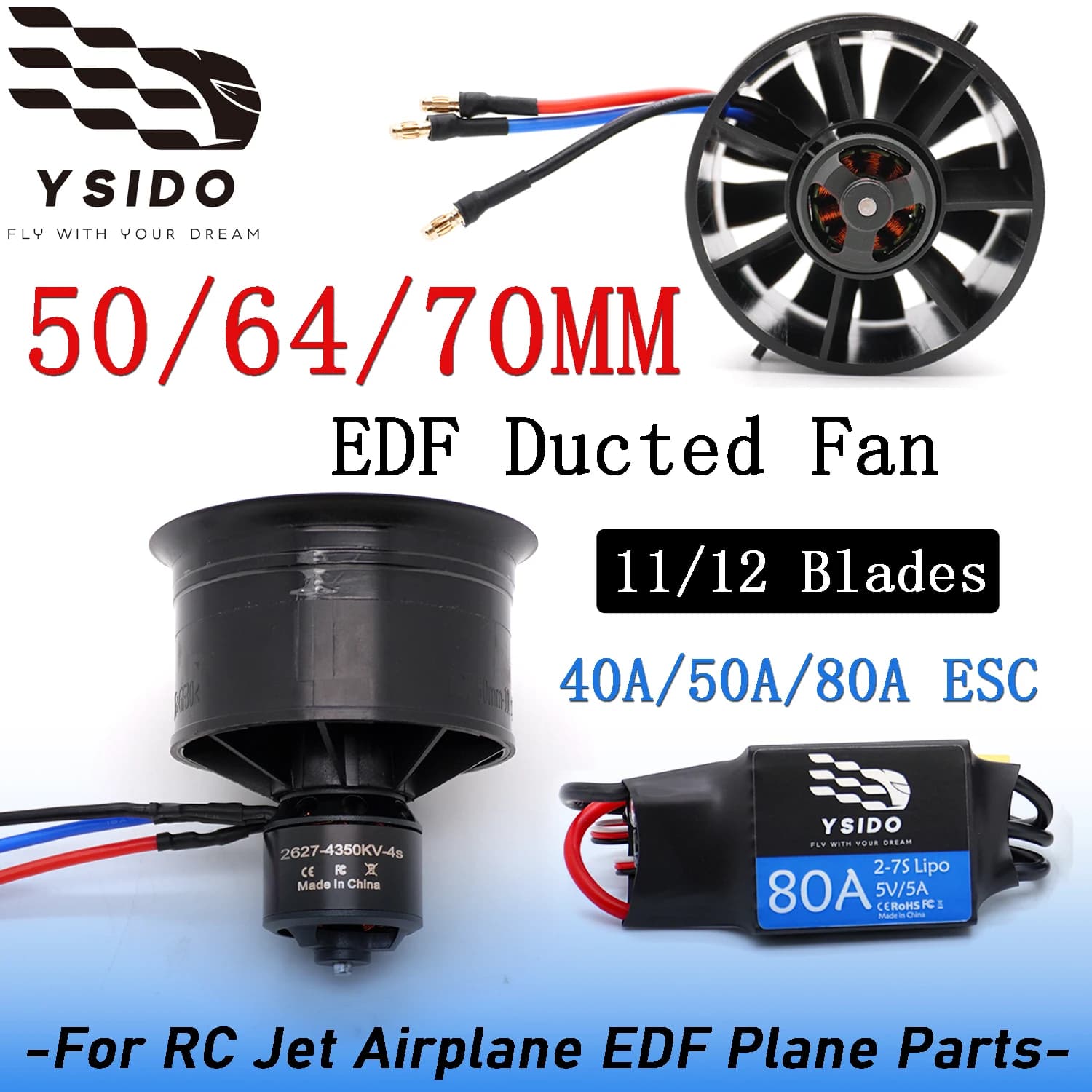 Ventola intubata EDF YSIDO 50/64/70mm con 11/12 pale, motore brushless, combo di alimentazione ESC 40A/50A/80A 3S-6S per aereo RC a reazione EDF