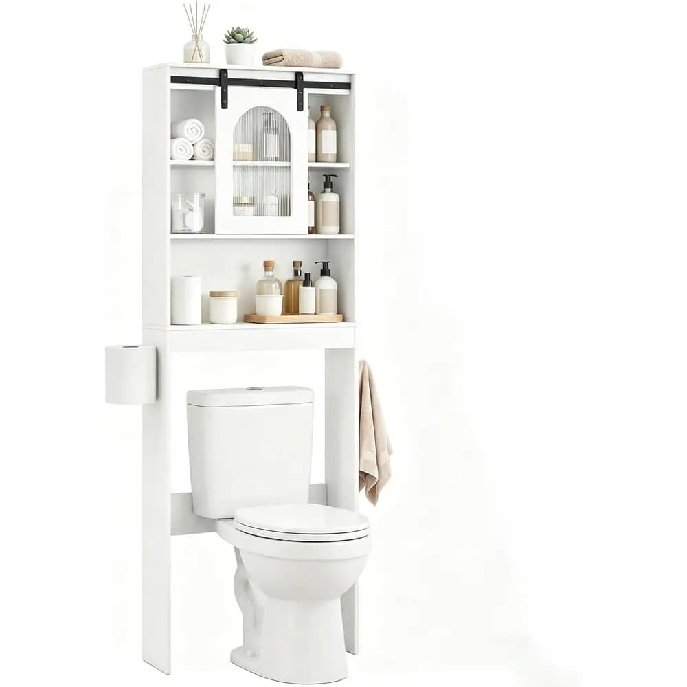 Mobiletto Salvaspazio per Bagno con Porta Traslucida, Ganci e Portarotolo per Piccoli Bagni (Bianco)