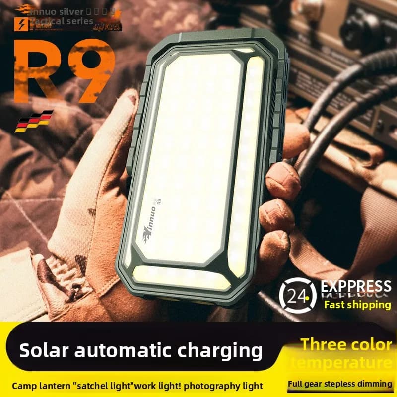 Rechargeable Solar Camping Lantern R9 10000mAh, High Power Bank, LED Tent Light, Power Magnet Flashlight, Emergency Lamp for Repairs