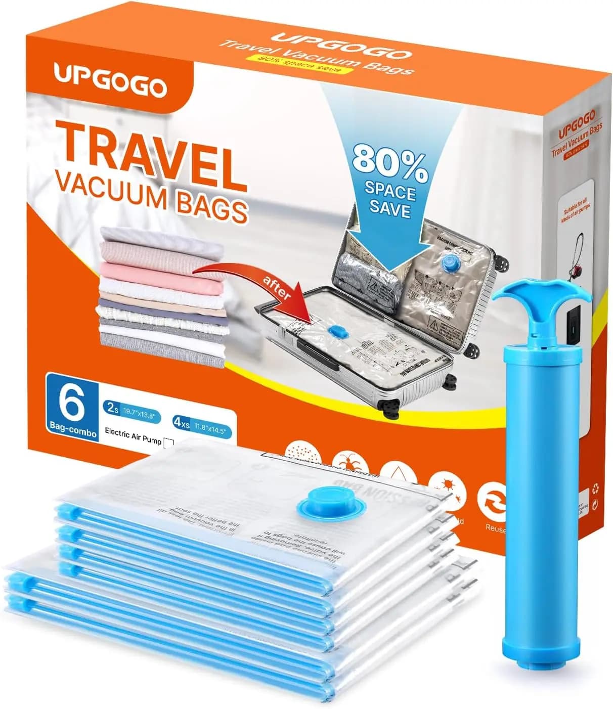 Set di 6 Sacchetti Sottovuoto da Viaggio - Salvaspazio per Vestiti, Coperte, Cuscini