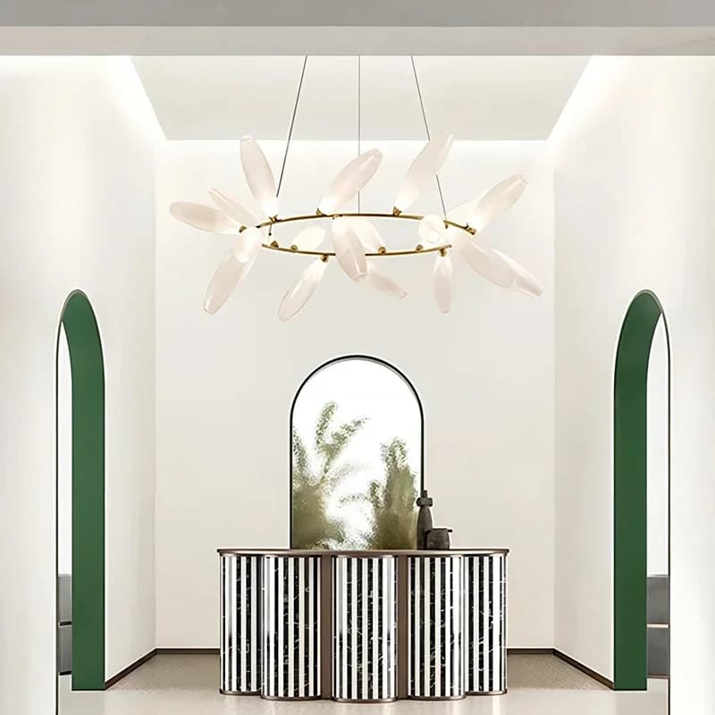 Nordic Luxury White Design Anello a forma di fiore Lampadario in vetro lustro Apparecchio a sospensione Soffitto regolabile per sala da pranzo bar