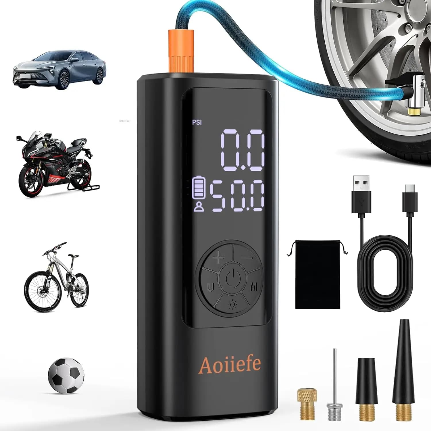 Compressore d'aria portatile, pompa per pneumatici ricaricabile da 150 PSI con spegnimento automatico per auto, moto, bicicletta, manometro digitale e luce LED
