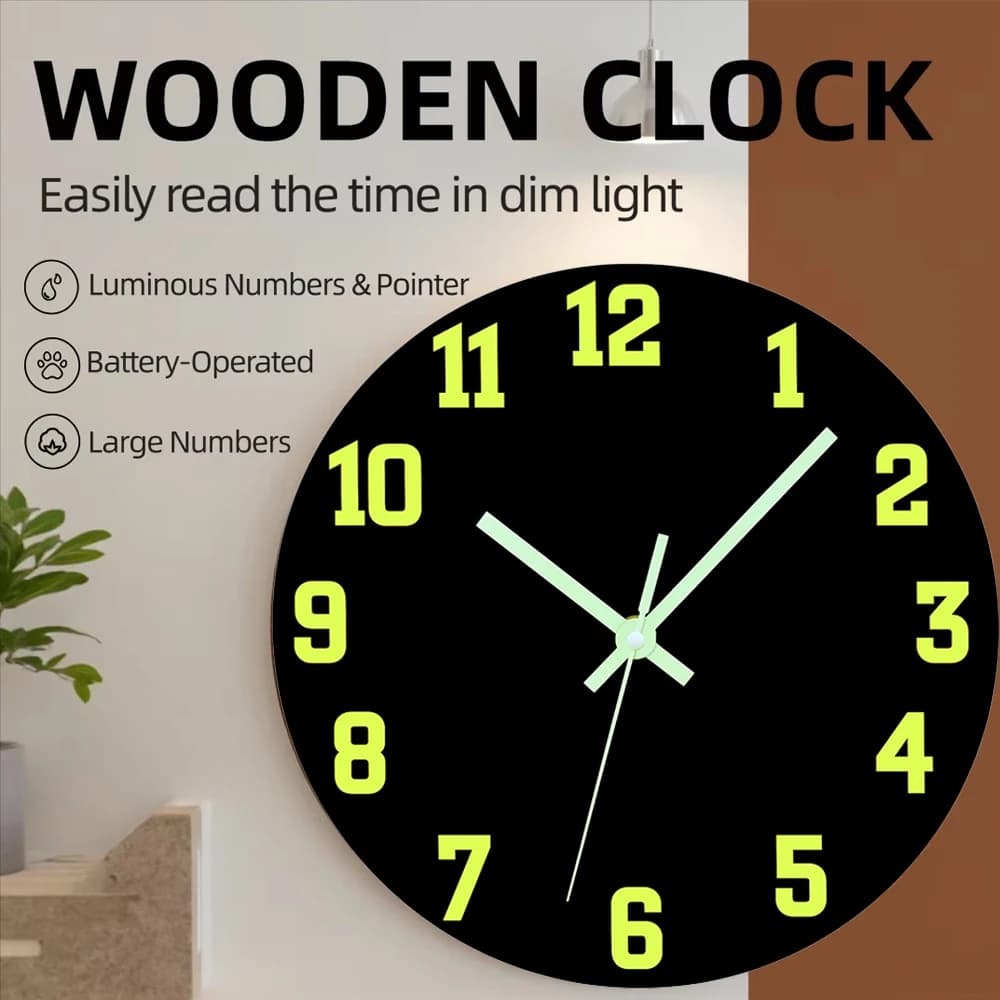 Bright wall clock 1PC Fashionable wooden watch Silent light in dark night without ticking Wall clock for bedroom 8/10/12 inches