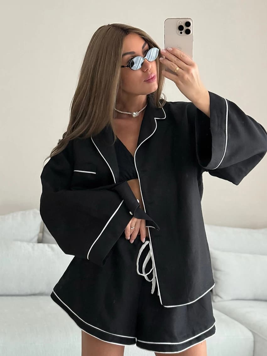Marthaqiqi Casual Women Sleepwear 3 Piece Set Long Sleeve Robe Tank Tops Pajamas Turn-Down Collar Nightie Shorts Nightwear Suit