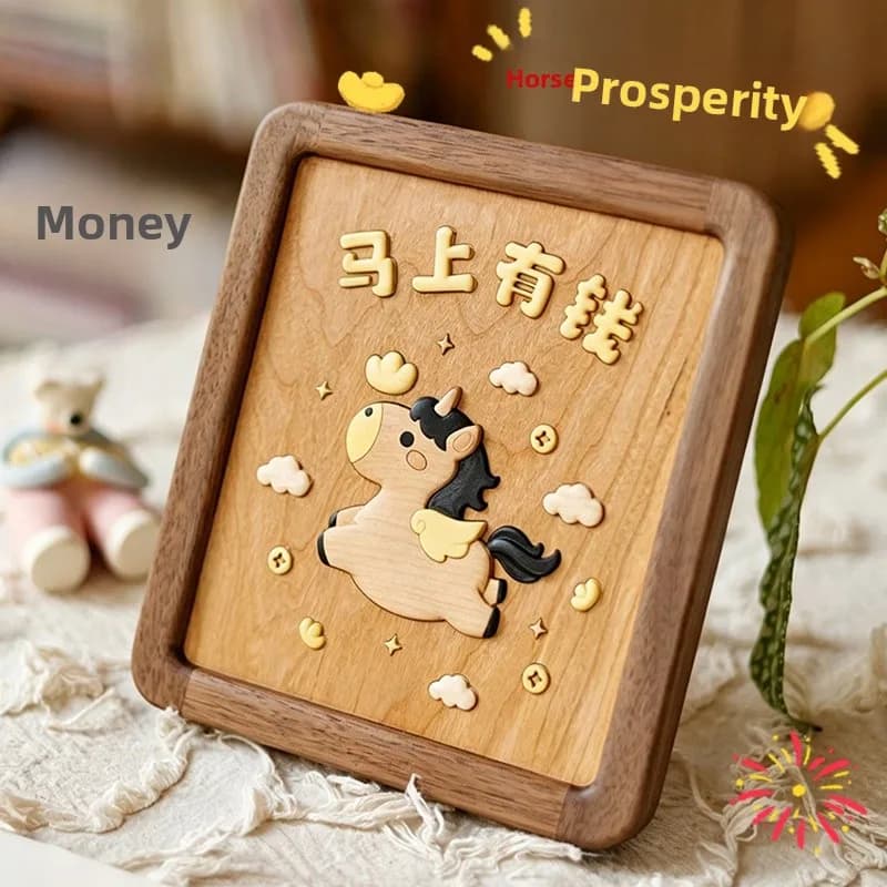 Creative Wooden Cartoon Picture Frame Decorative Tabletop Painting Business Opening Lucky Gift Wood Decor Home Decoration