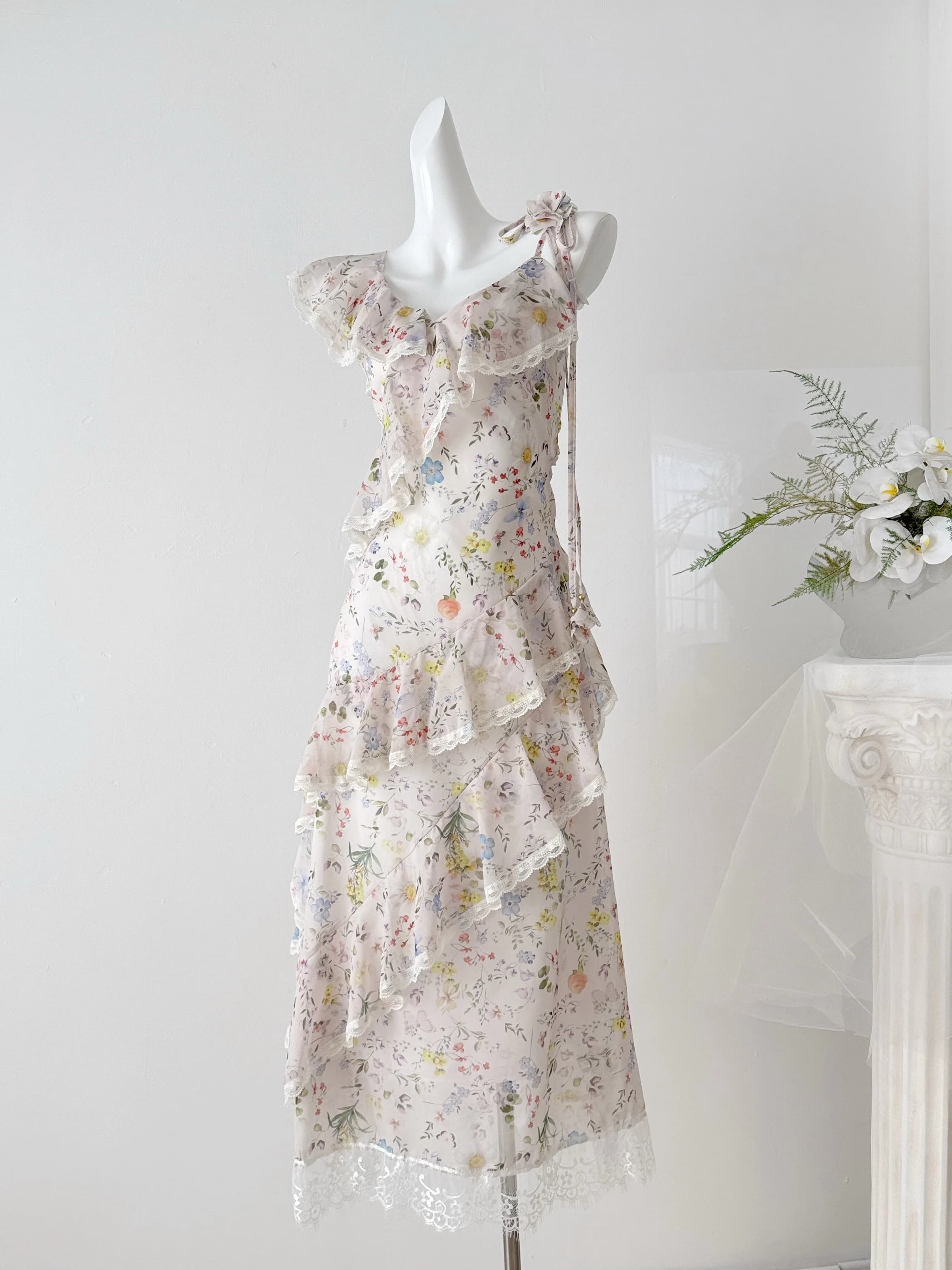 Floral Lace Splice Slimming Summer Dress Women's Holiday Style High Waist A-Line Gauze Skirt V-Neck Sleeveless Breathable