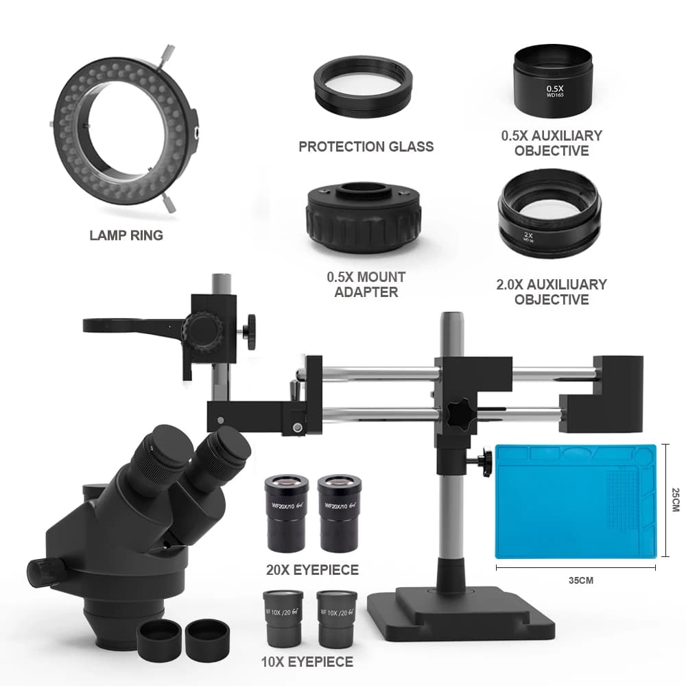 Doppio braccio 3.5-180X Supporto Messa a fuoco sincrona Zoom continuo Microscopio stereo trinoculare Gioielli per la riparazione