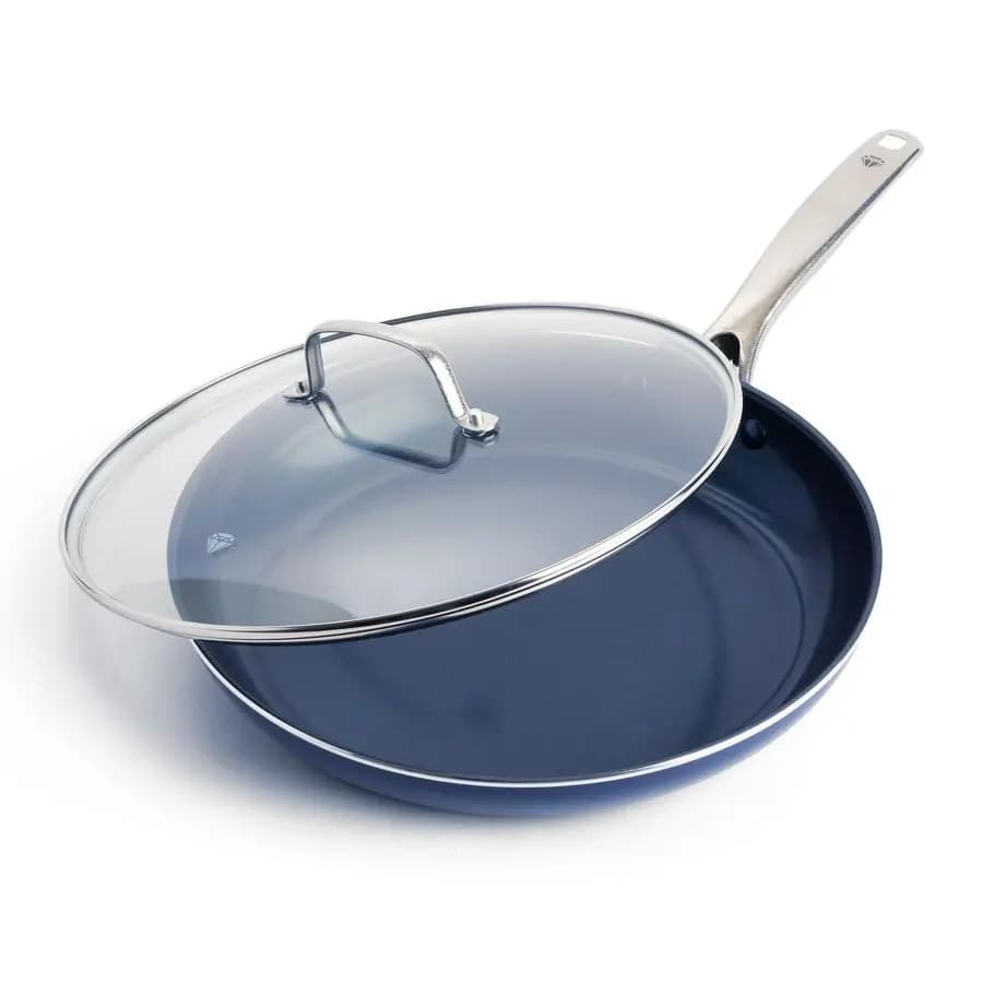 12 inch non-stick pan with lid, ceramic pan with diamond-coated coating without PFAS and PTFE, suitable for dishwasher and oven, anti-coating handle.