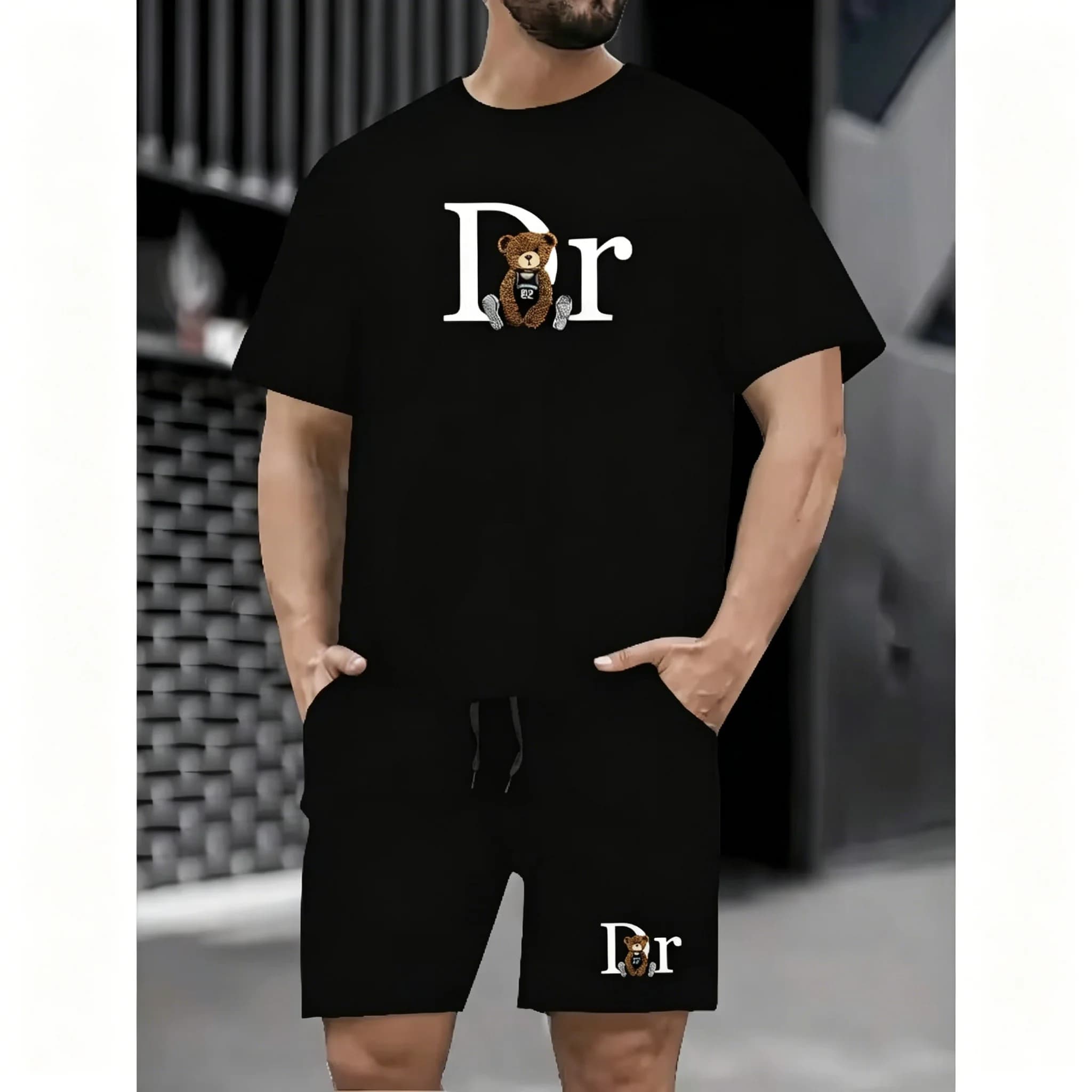 Hot selling summer new men's casual sports suit fashionable teddy bear printed T-shirt shorts 2-piece set summer men's clothing