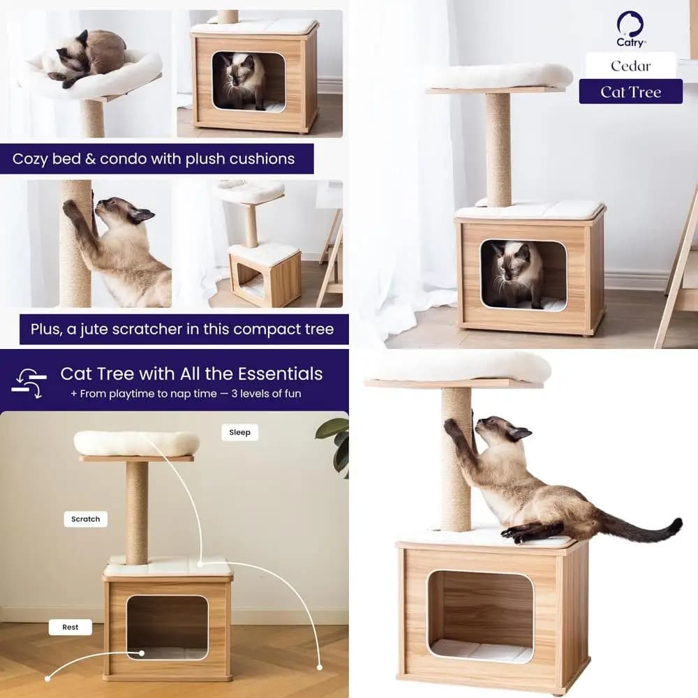 Albero per gatti in legno laminato a 3 livelli da 29,7 pollici con base a casetta, gradini imbottiti, tiragraffi in iuta, robusto e facile da montare, adatto per