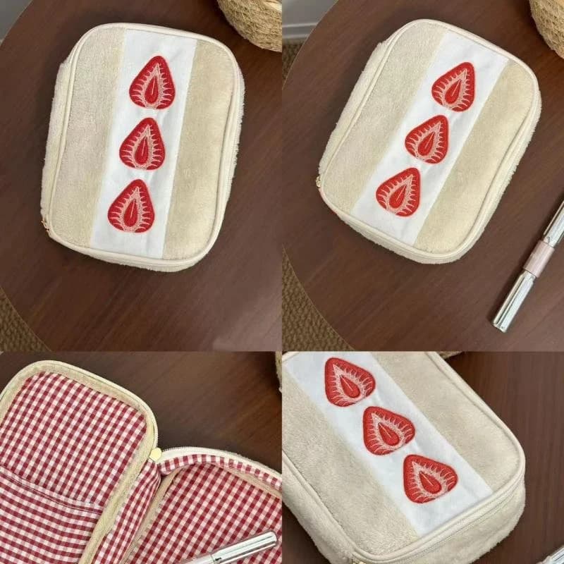 Astuccio Portatile Ricamato a Forma di Fragola, Grande Capacità, Borsa Multifunzionale per Cancelleria, Penne e Cosmetici