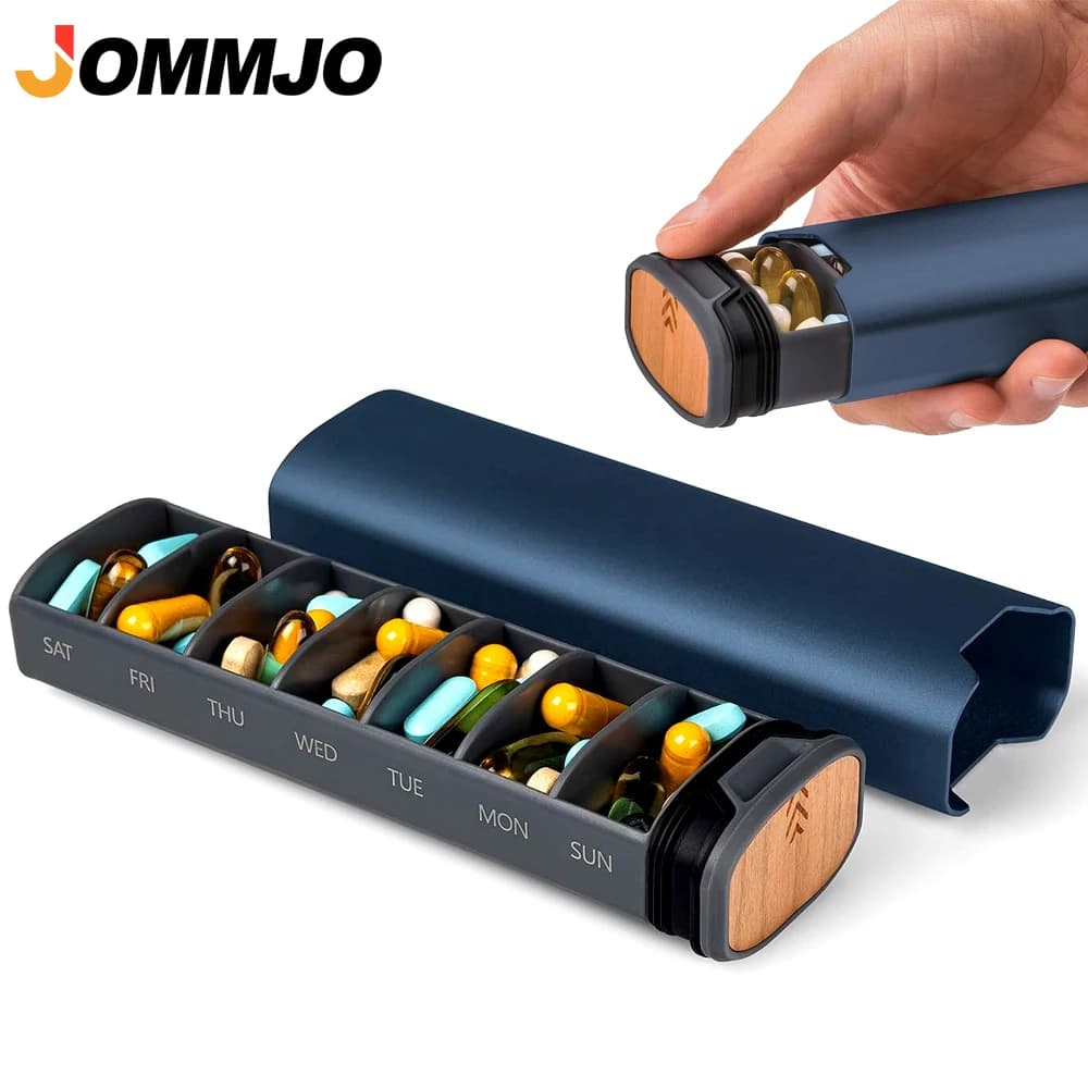 Weekly 7-day napkin, 1 piece, elegant large-capacity pin holder in aluminium and wood, for pills, vitamins and medicines