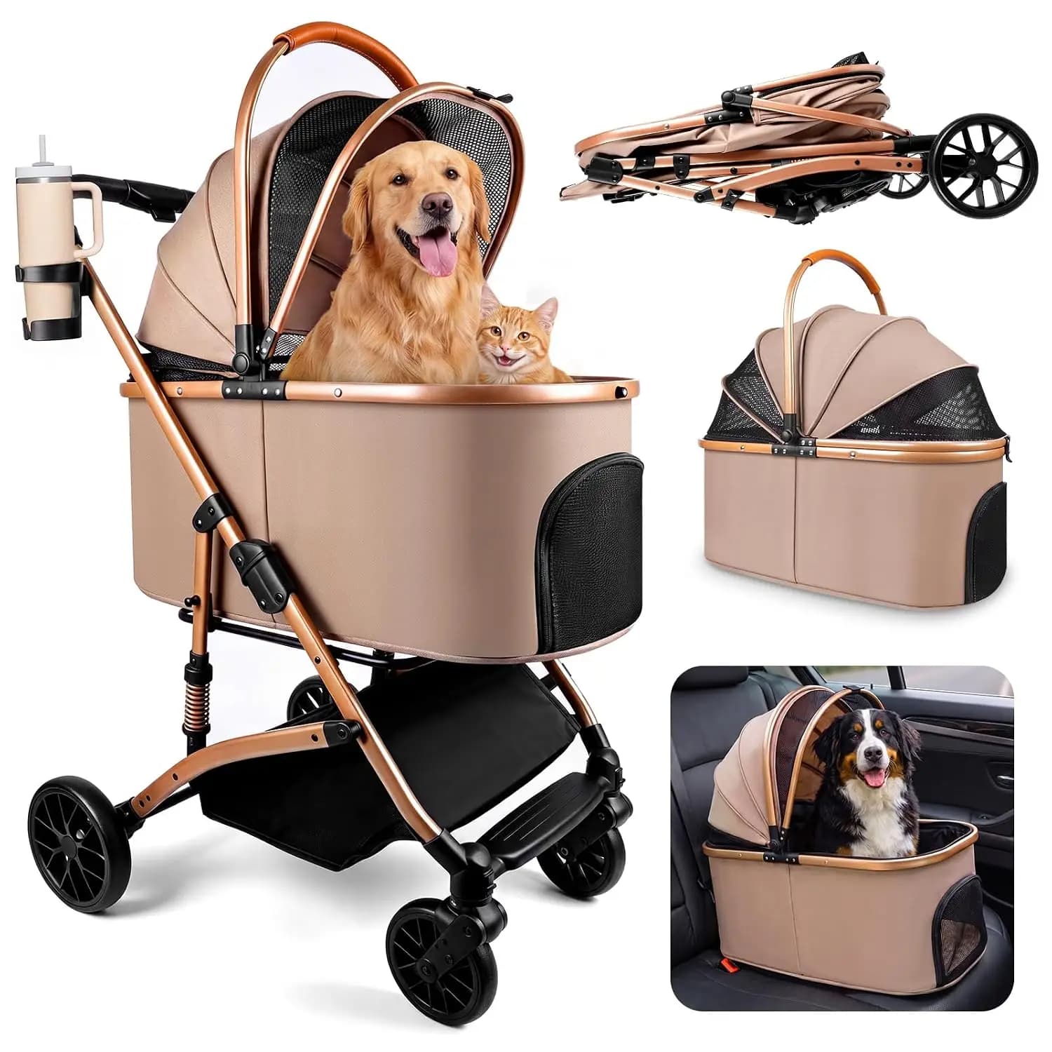 3-in-1 Pet Stroller with Detachable Carrier, Foldable Dog & Cat Stroller with Vehicle Seat-Belt Securing 2 Small/Medium Pets, 13
