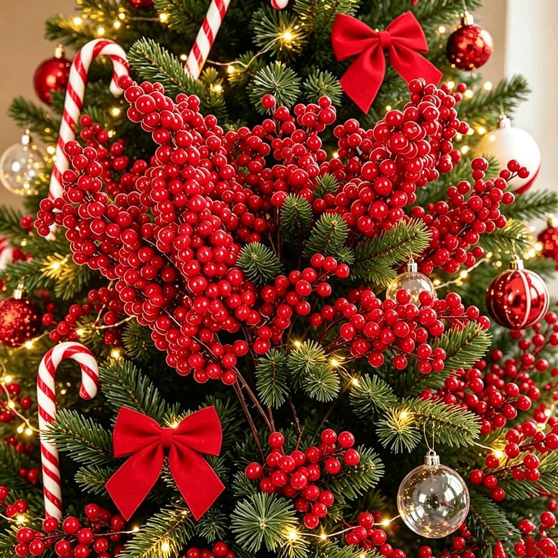 33pcs Christmas Red Berries Branch Fake Plants Flowers Artificial Holly Berry Stamen Wreath Ornaments for Xmas Tree Party Decor