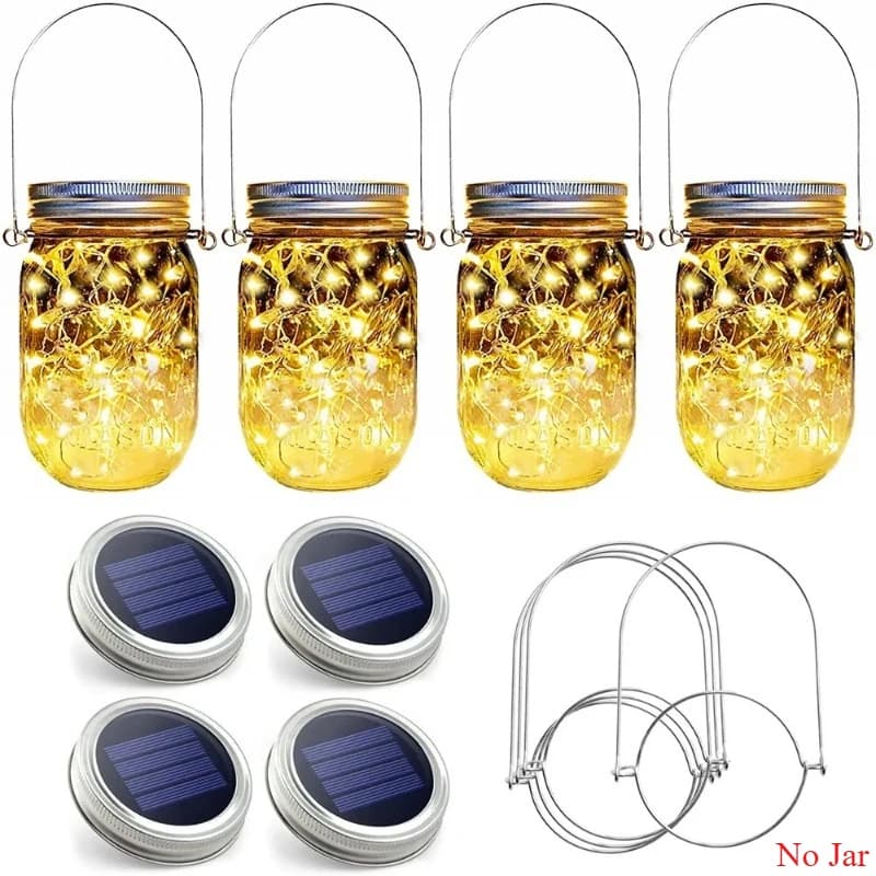 Luce Solare per Barattolo con Coperchio, 20 LED, Luci Fatate con Manici per Giardino, Lanterna Sospesa, Patio, Matrimonio, Festa (Senza Barattolo)