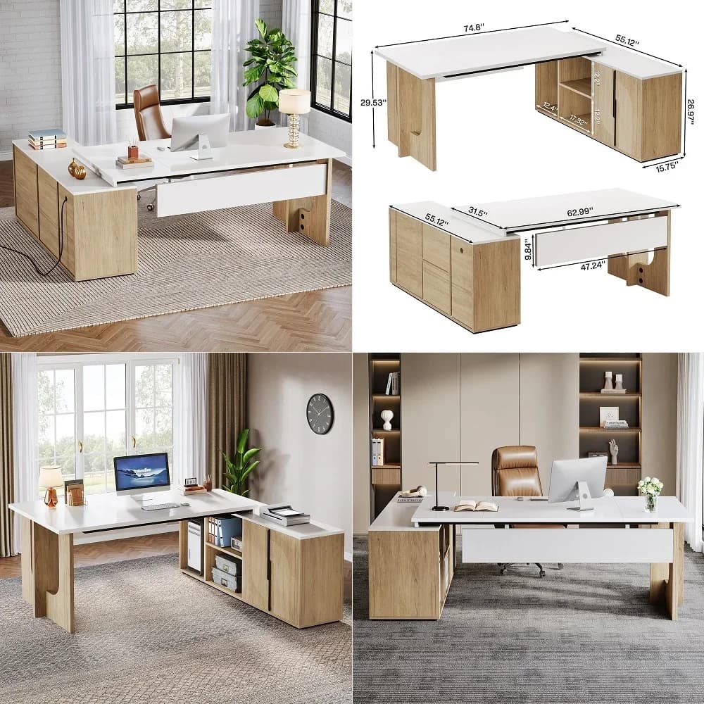 Computer Desk with Monitor Stand, 47 inch Home Office Desk with RGB LED Lights and Power Outlets, Writing Desk with Storage Fil