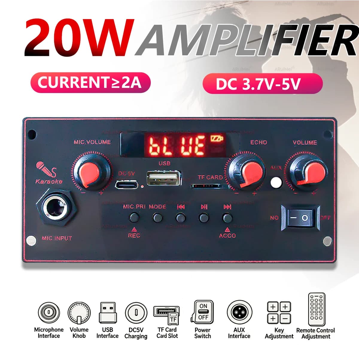 Scheda Decoder Audio Bluetooth 2x10W 3.7V-5V USB TF FM AUX con Selezione Cartella, Riproduzione, Registrazione, Supporto Chiamate, MP3/WMA/FLAC e Telecomando
