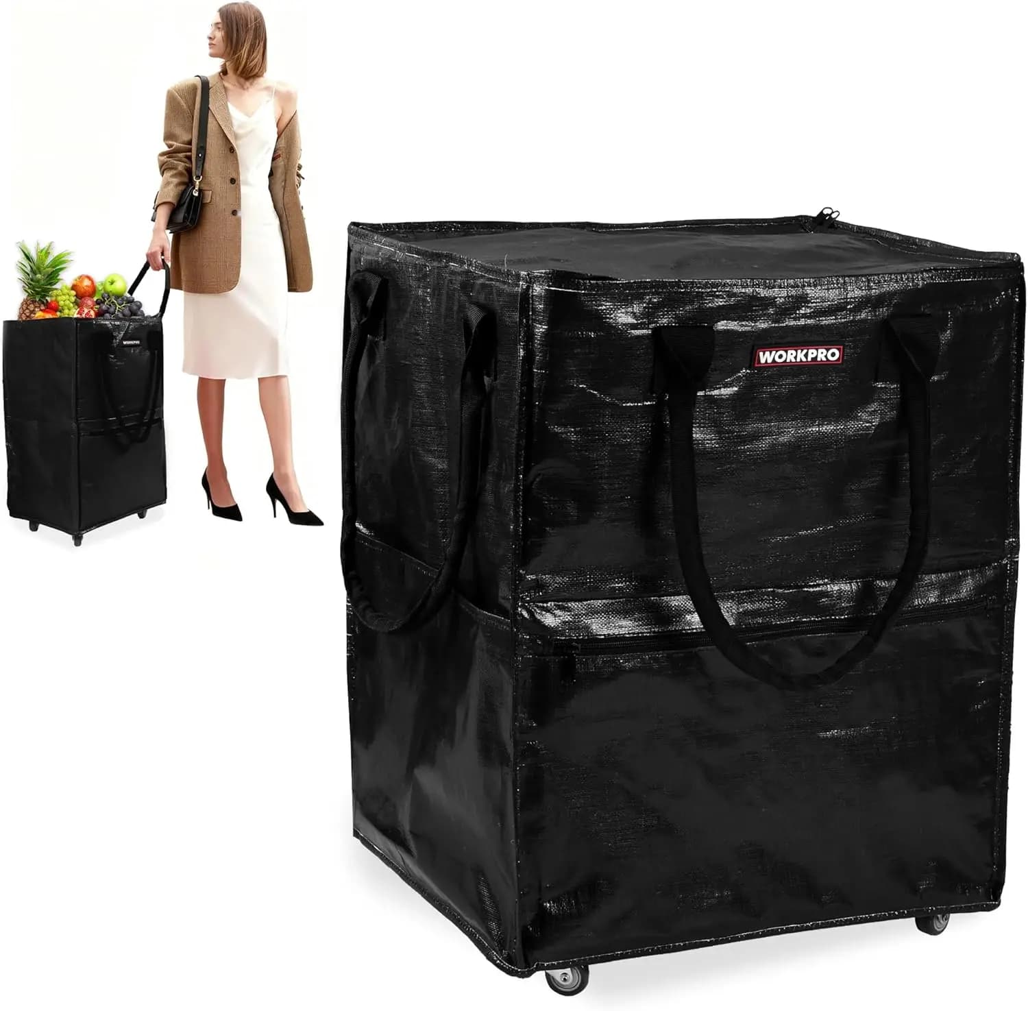 Large shopping bag with 5 wheels, capacity of 120 kg, double handle and wide zipper for shopping, laundry and moving