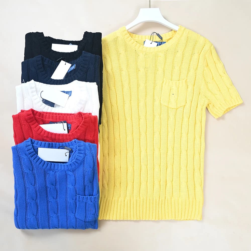 Maglione da donna a maniche corte in maglia, ricamato, in cotone a maglia grossa, girocollo, con tasche, stile casual, moda estiva