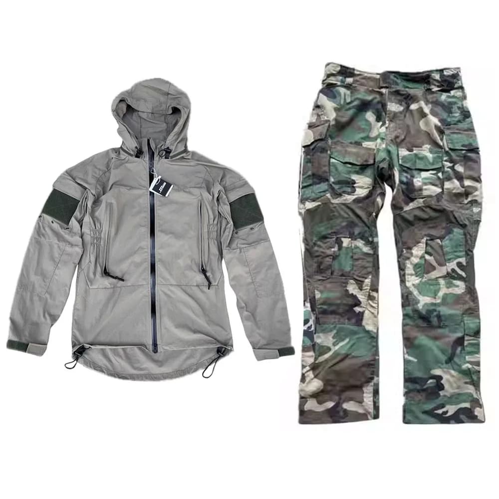 Giacca tattica Tom ORC grigia soft shell PCU generazione L5 versione giacca antivento con cappuccio in nylon opaco 160D + pantaloni G3 Woodland