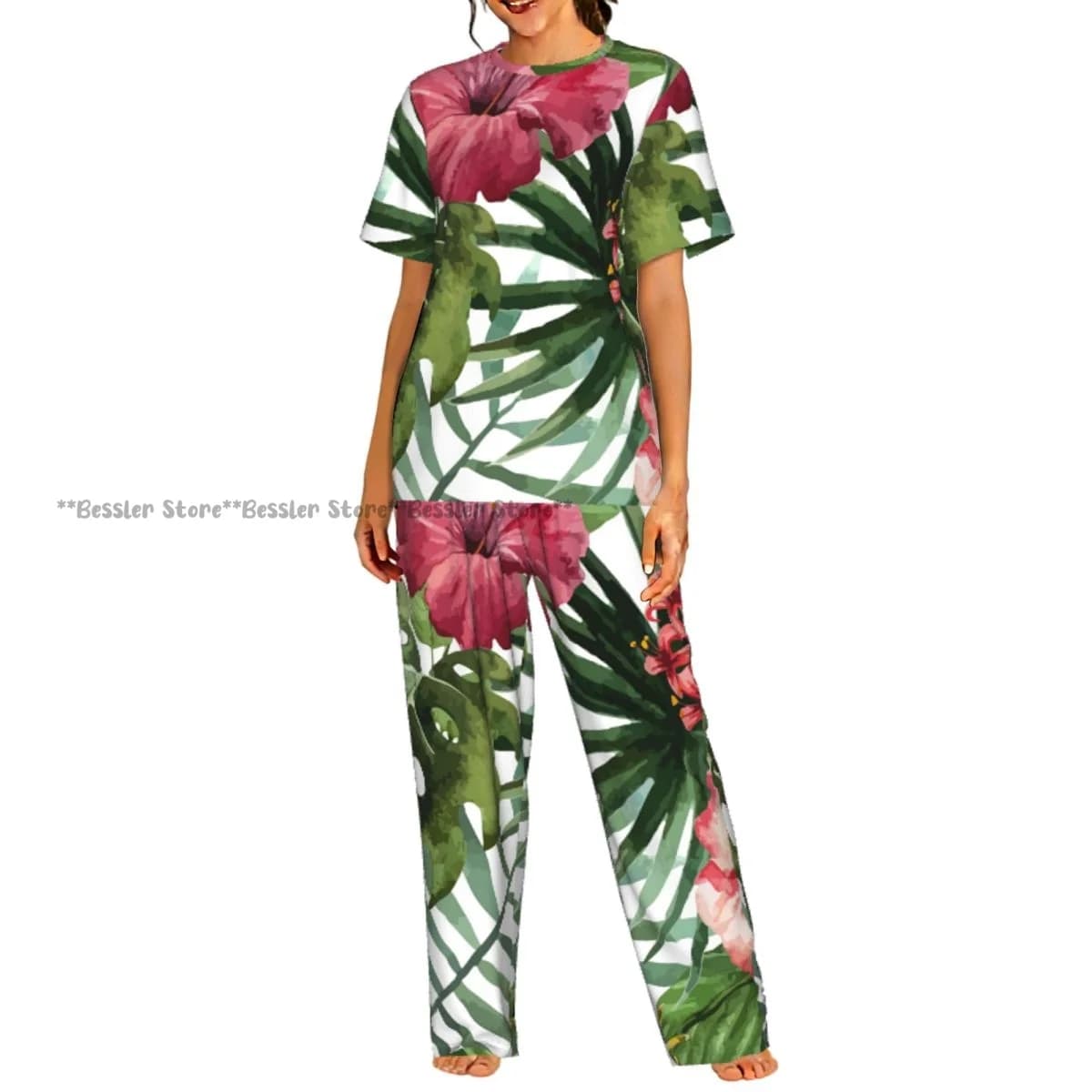 Set Pigiama da Donna con Motivi Floreali Tropicali, Maniche Corte, 2 Pezzi, Abbigliamento per Casa e Relax