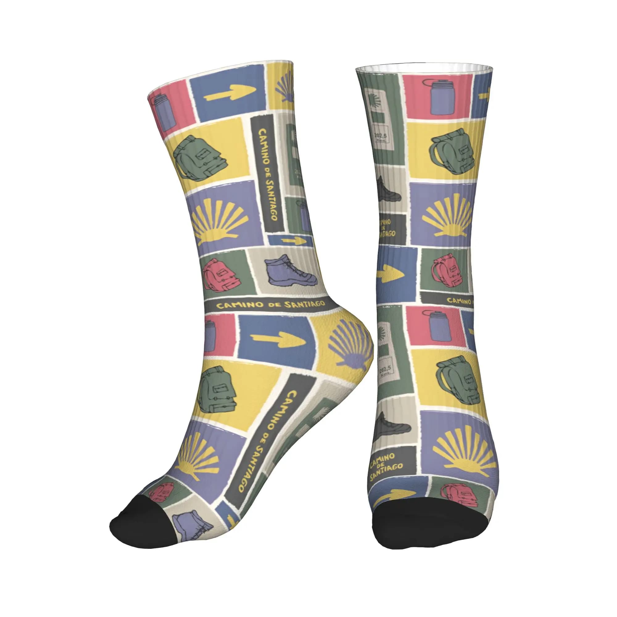 Divertenti calzini da uomo Buen Camino de Santiago, calzini unisex caldi e traspiranti con stampa 3D El Camino Way of St. James