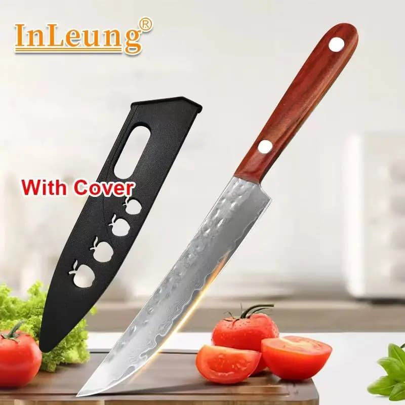 Coltello da Cucina Professionale in Acciaio Damascato con Manico in Legno, Lama Affilata per Carne, Coltello per Sbucciare Frutta, Coltello da Chef per Rimozione Ossa