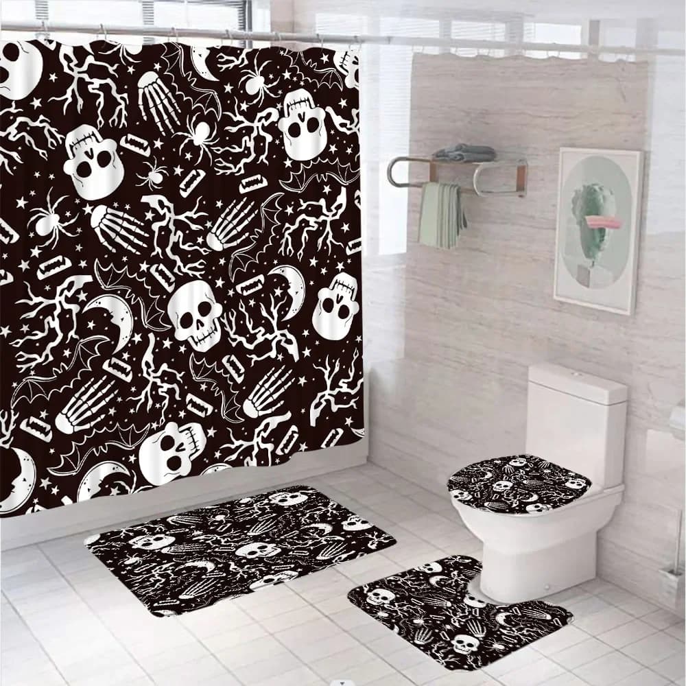 4 pezzi carino Halloween tende da doccia set arredamento per il bagno teschio mano ragno pipistrello schermo in tessuto antiscivolo tappetino da bagno tappeto copriwater