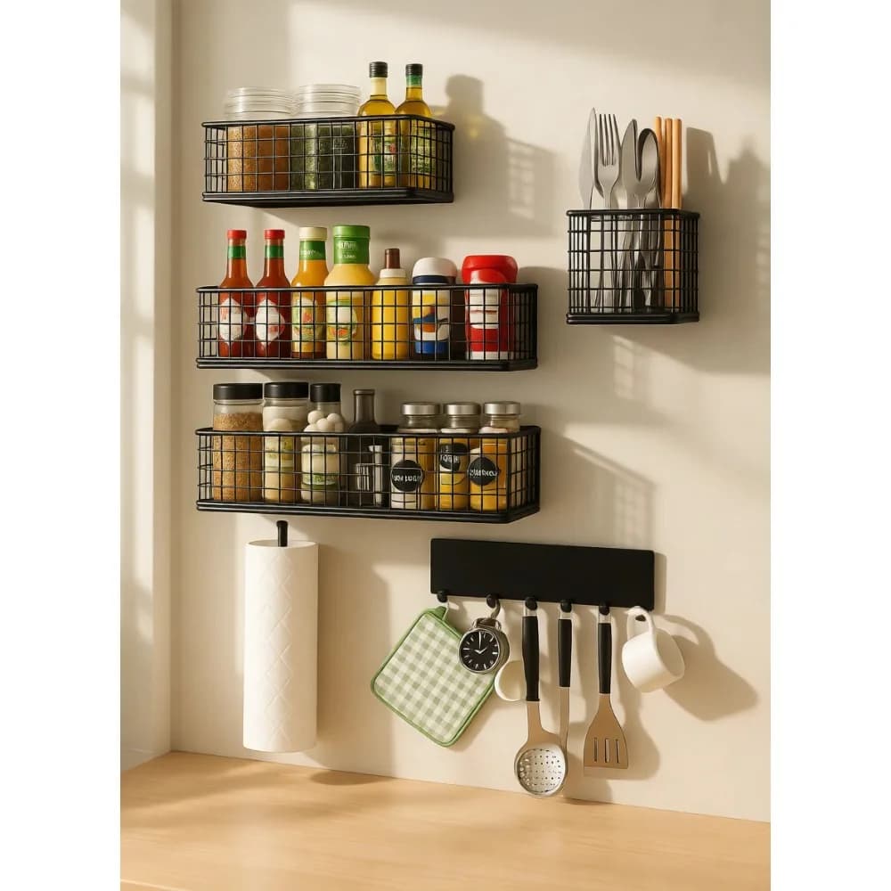 Portaoggetti Magnetico con Ganci per Spezie e Portarotolo per Frigorifero, Barbecue, Lavatrice, Nero, Set da 6