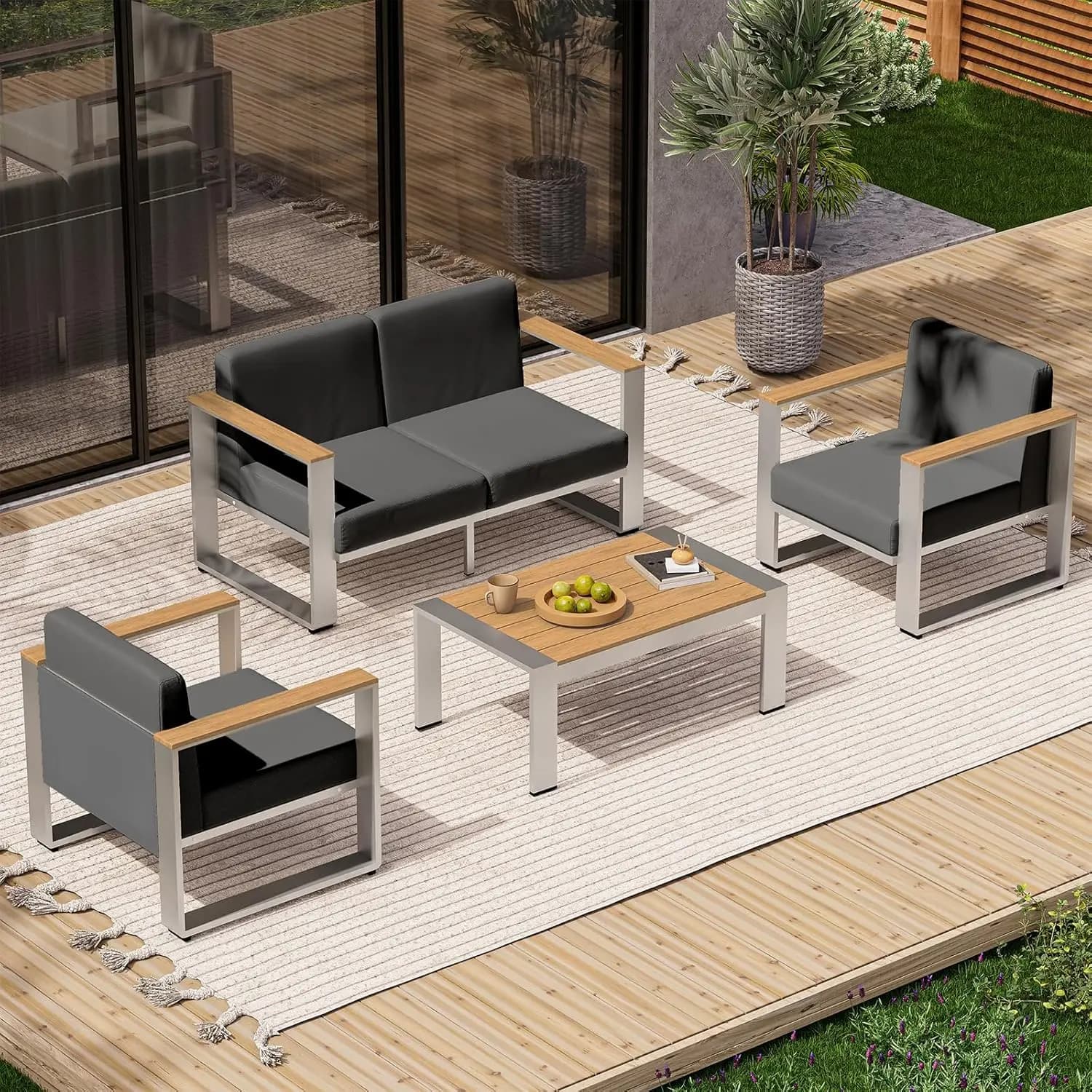 Set Conversazione da Esterno in Alluminio a 4 Posti con Cuscini Larghi Ergonomici, Arredamento Moderno per Balcone e Veranda, Personalizzabile