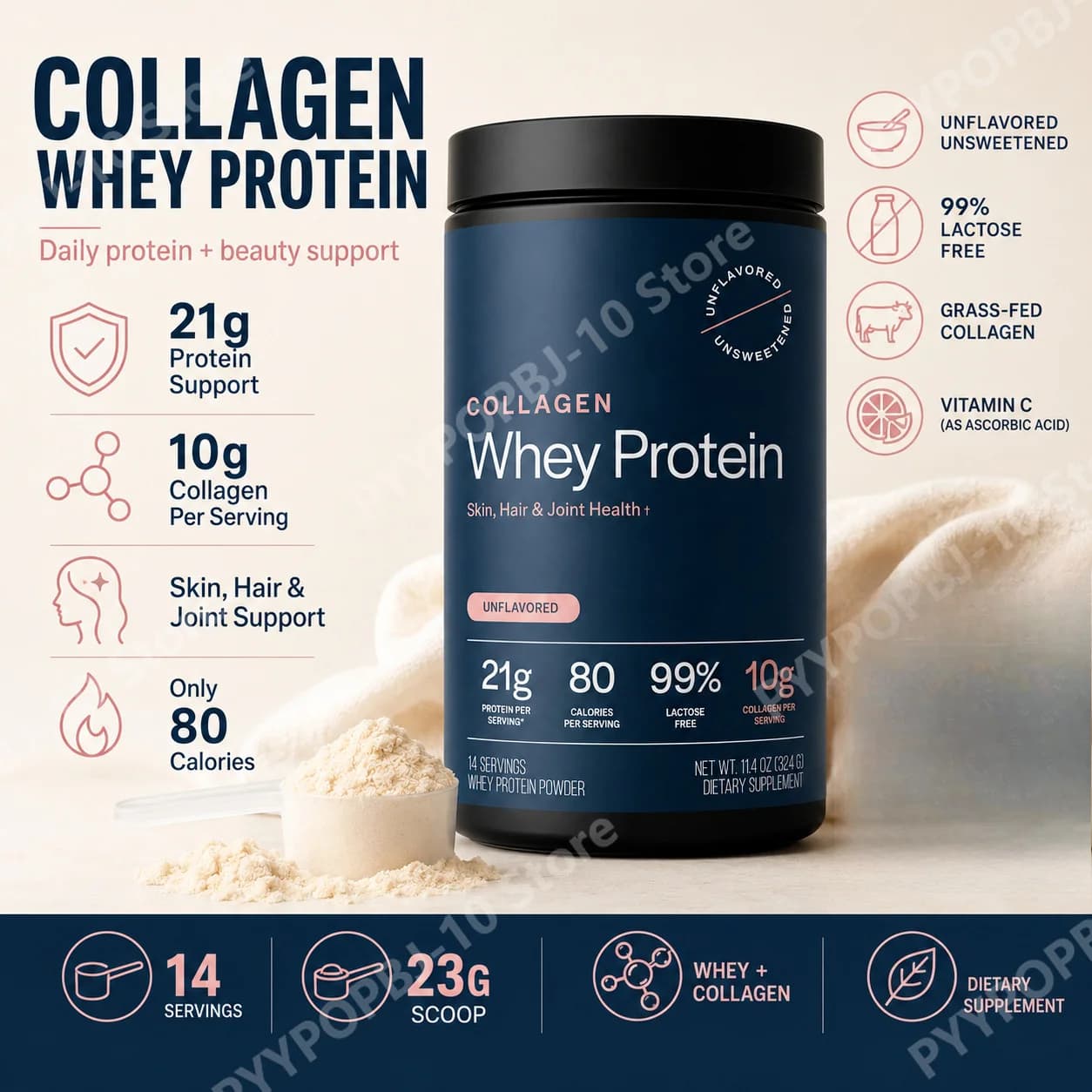 Collagene Proteine del Siero di Latte in Polvere Senza Sapore e Senza Zuccheri da Bovini Allevati al Pascolo 21g Proteine 10g Collagene per Porzione Supporto per Pelle Capelli e Articolazioni