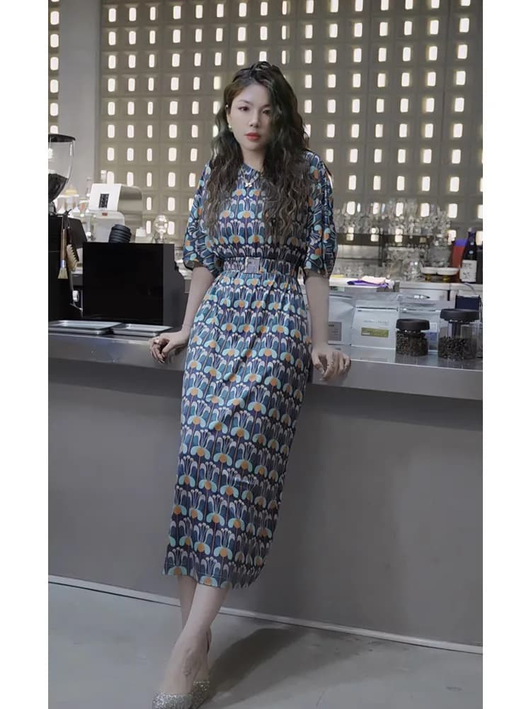 Elegant Vintage round Neck Print Dress Chic Modest High Waist A-Line Skirt Long Sleeve Summer New Arrival Women's Dress
