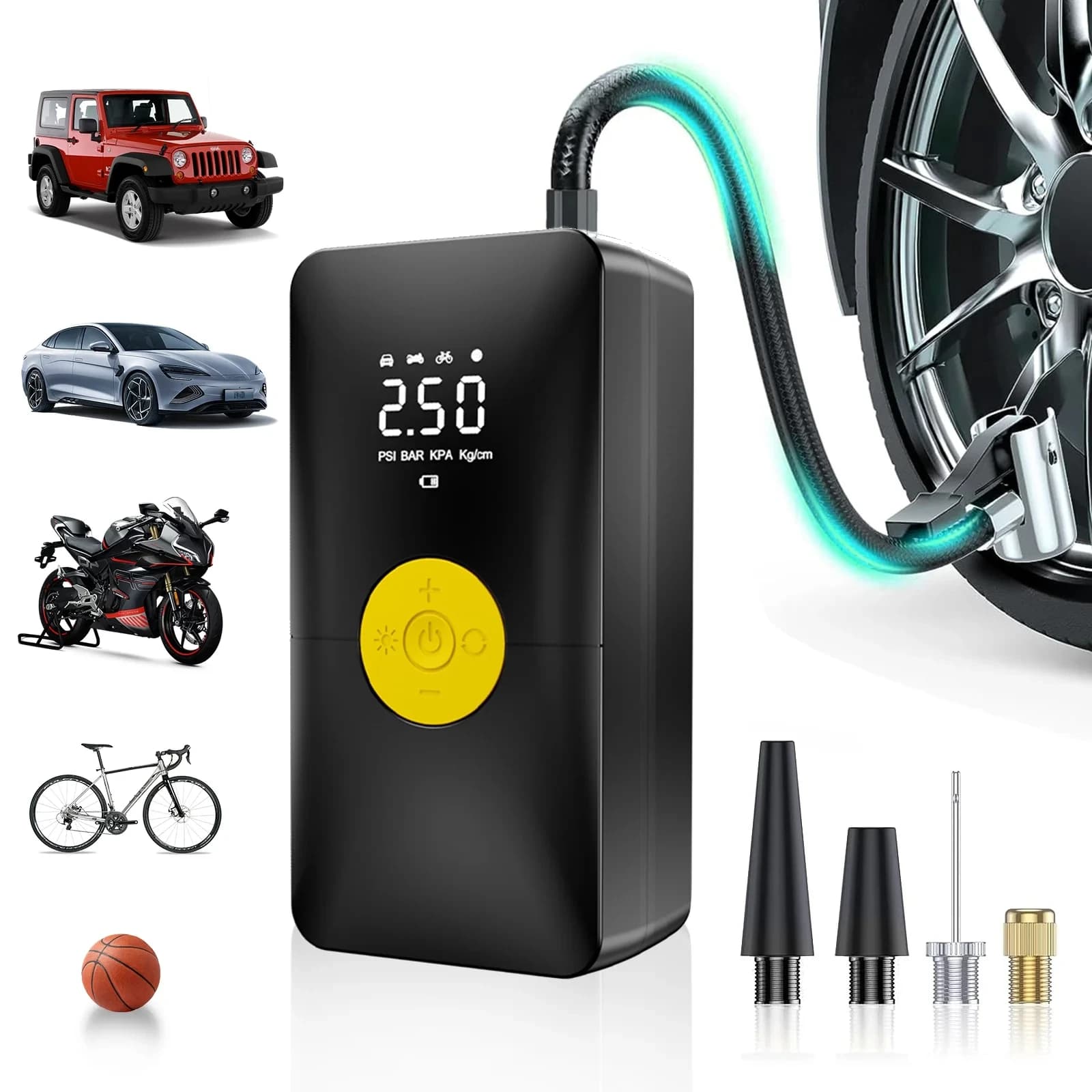 Gonfiatore per pneumatici Compressore d'aria portatile 150Psi 4000mAh 12V Pompa d'aria elettrica senza fili Display LCD digitale Luce a LED per bici da auto